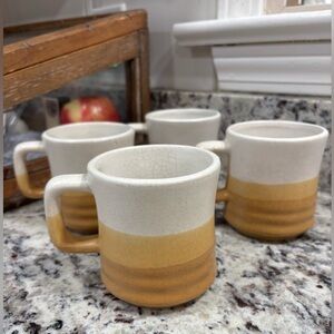 Set of 4 Vintage Stoneware Mugs, Neutral Cream & Gold Gradient
